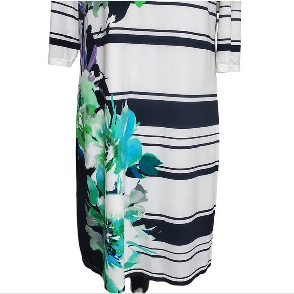 Studio One New York Cream & Black Striped Green Floral Print Midi Dress Medium - Picture 5 of 9
